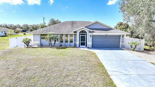 ranch-style home featuring a front yard, concrete driveway, fence, and an attached garage