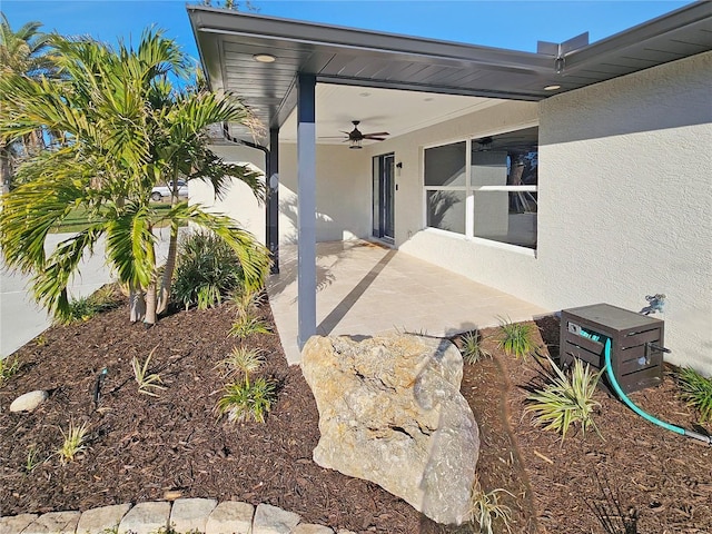 view of exterior entry with a patio area, a ceiling fan, and stucco siding