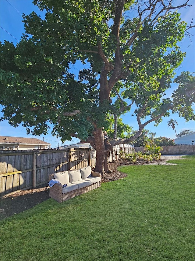 view of yard with a fenced backyard and an outdoor living space