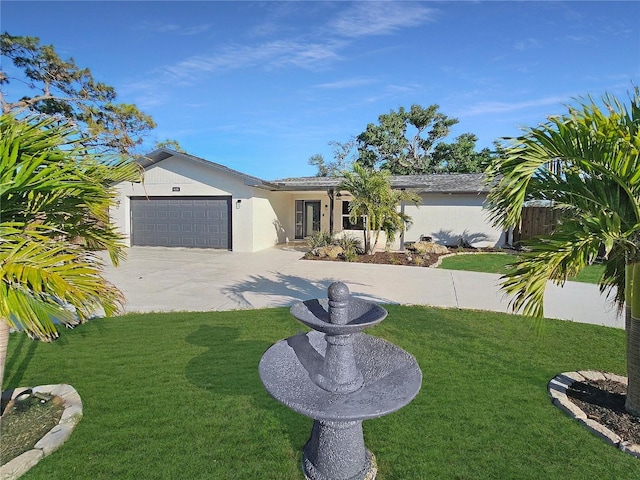 view of front of property featuring a garage, a front yard, driveway, and stucco siding