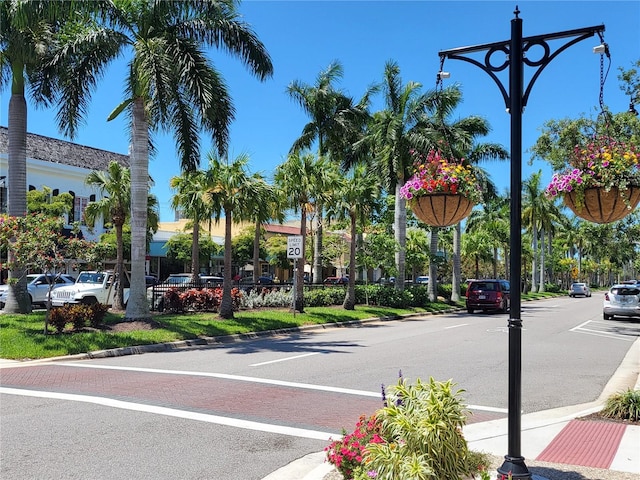 view of road with sidewalks, traffic lights, street lights, and curbs