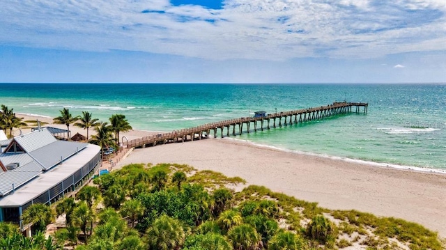 exterior space with a pier and a view of the beach