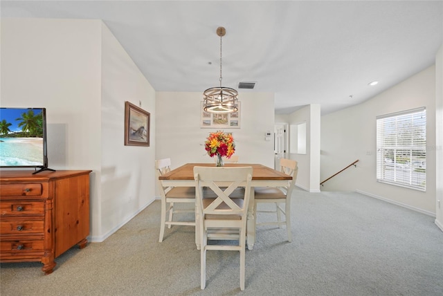 dining space with recessed lighting, visible vents, light carpet, and baseboards