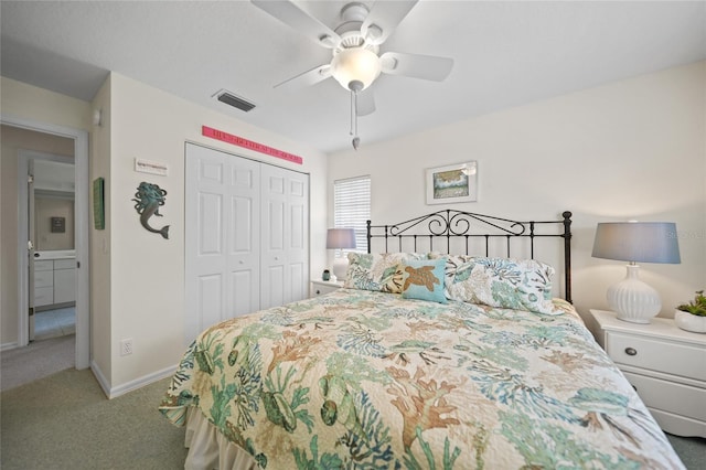 bedroom with ceiling fan, light colored carpet, visible vents, baseboards, and a closet