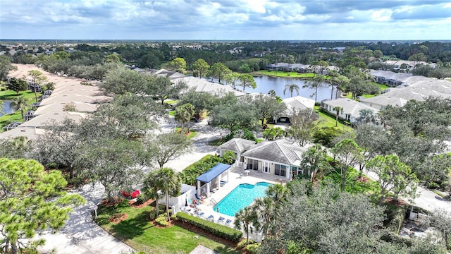 aerial view with a water view and a residential view