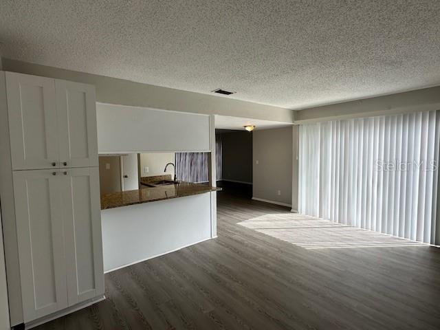 unfurnished living room featuring a textured ceiling, visible vents, dark wood finished floors, and a sink