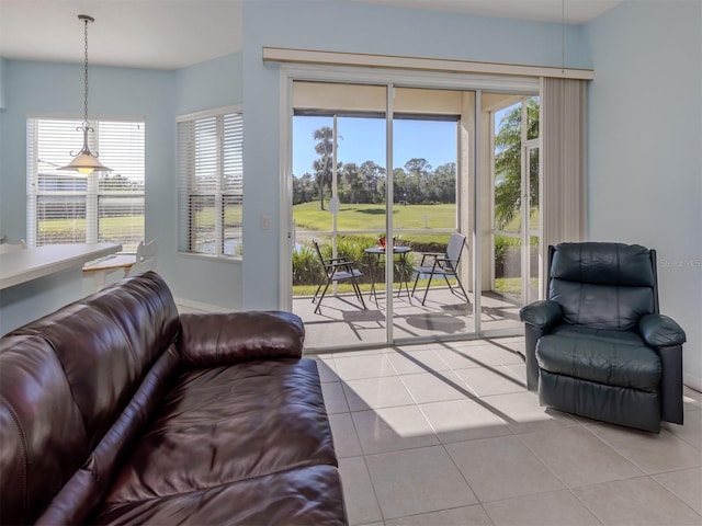 living area featuring light tile patterned flooring