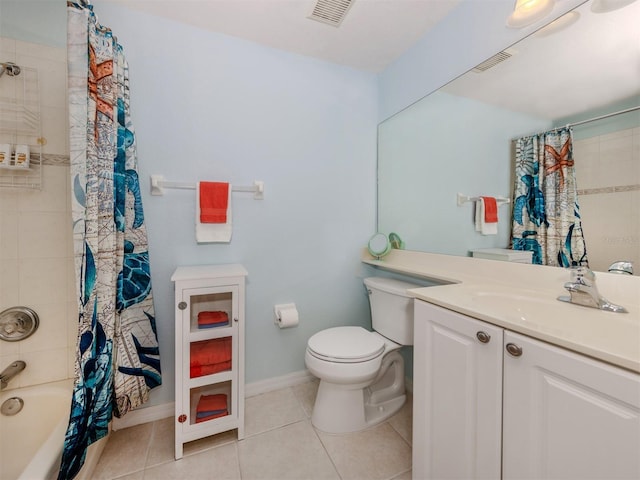 full bathroom with shower / bath combo, tile patterned flooring, visible vents, and vanity