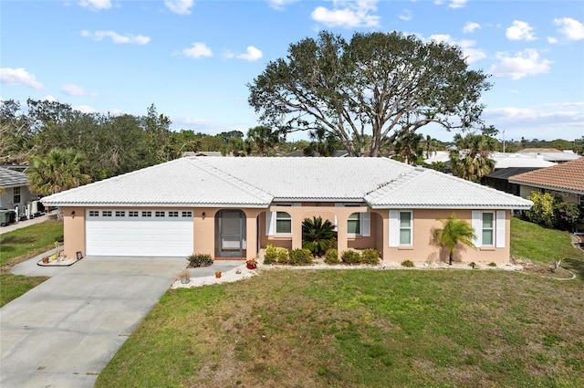 ranch-style house with a garage, concrete driveway, a tile roof, a front lawn, and stucco siding