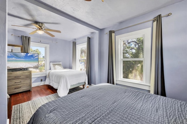 bedroom featuring ceiling fan, multiple windows, and wood finished floors