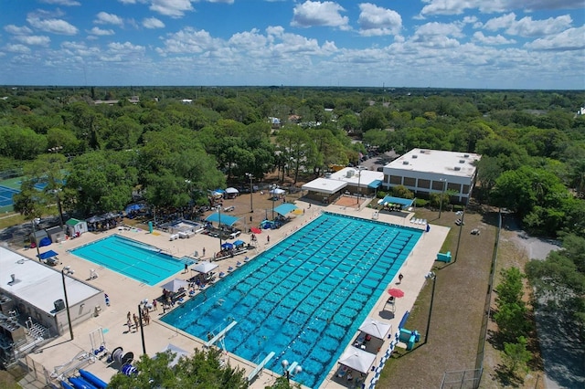 pool with a patio area and a view of trees