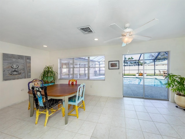 dining room featuring light tile patterned floors, ceiling fan, visible vents, and recessed lighting