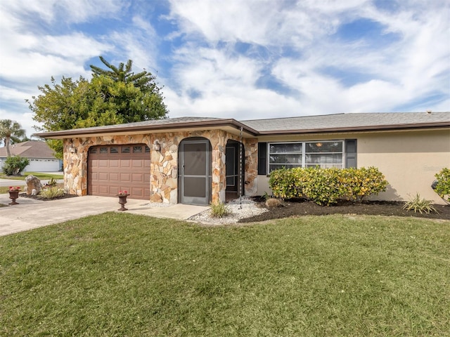 ranch-style house with stucco siding, concrete driveway, a garage, stone siding, and a front lawn