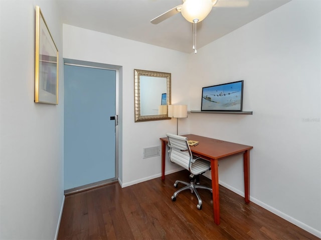 office with dark wood-style floors, visible vents, a ceiling fan, and baseboards