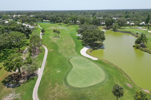 bird's eye view featuring a water view and golf course view