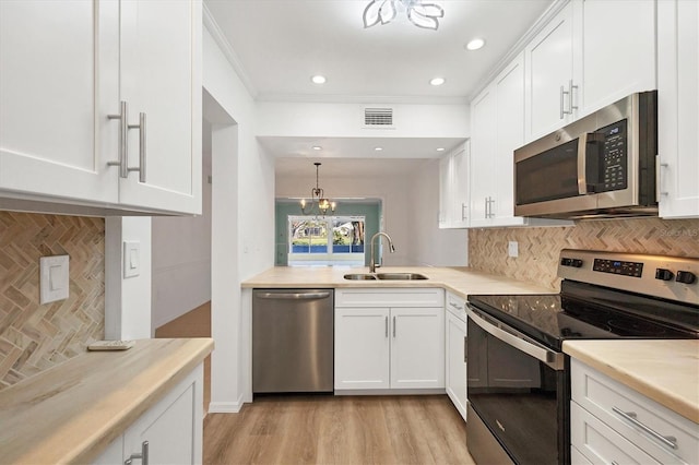 454 Cerromar Rd Unit 174, Venice, FL 34293 - kitchen featuring appliances with stainless steel finishes, a sink, backsplash, white cabinets, and recessed lighting