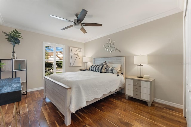 bedroom with baseboards, ceiling fan, dark wood-type flooring, and crown molding