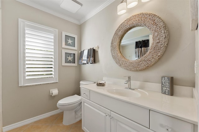 full bath featuring toilet, ornamental molding, vanity, baseboards, and tile patterned floors