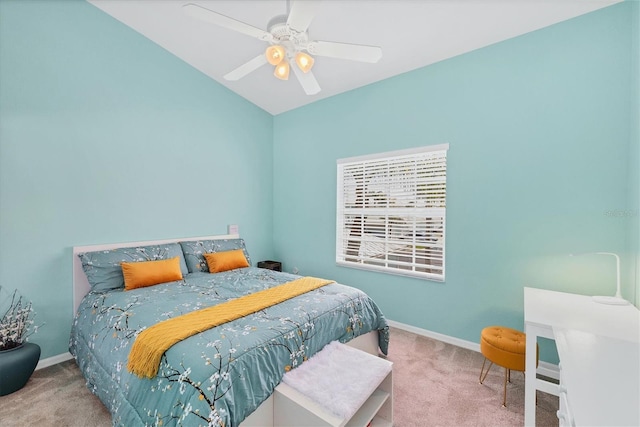 bedroom with carpet flooring, a ceiling fan, and baseboards