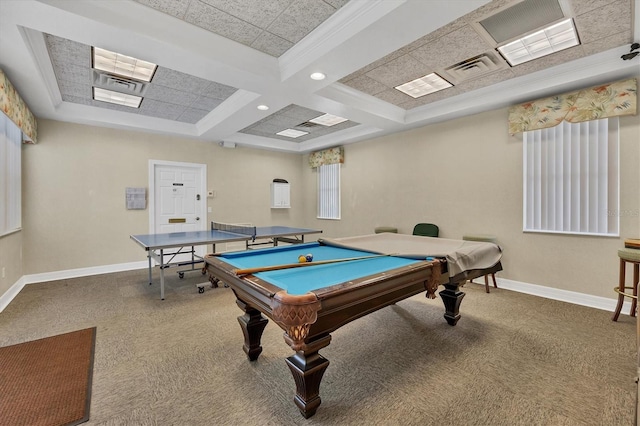 recreation room with carpet floors, pool table, coffered ceiling, and baseboards