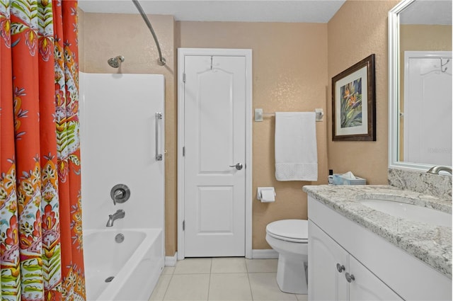 full bathroom with baseboards, toilet, shower / tub combo with curtain, tile patterned flooring, and vanity