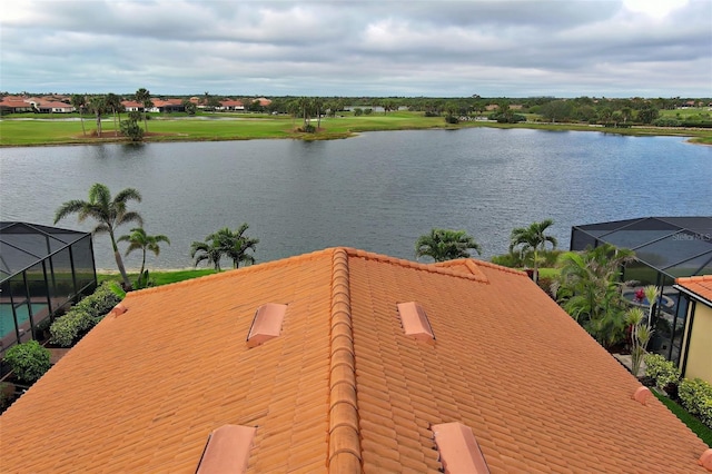 aerial view featuring a water view