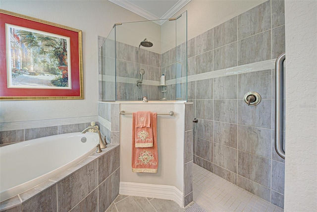 full bath with a garden tub, a walk in shower, and crown molding