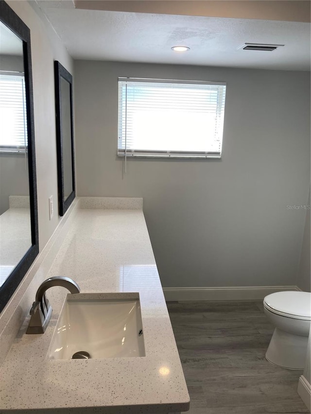 bathroom with visible vents, wood finished floors, a sink, and a wealth of natural light