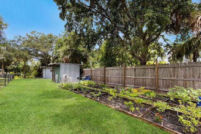 view of yard with a storage shed, a fenced backyard, a vegetable garden, and an outbuilding