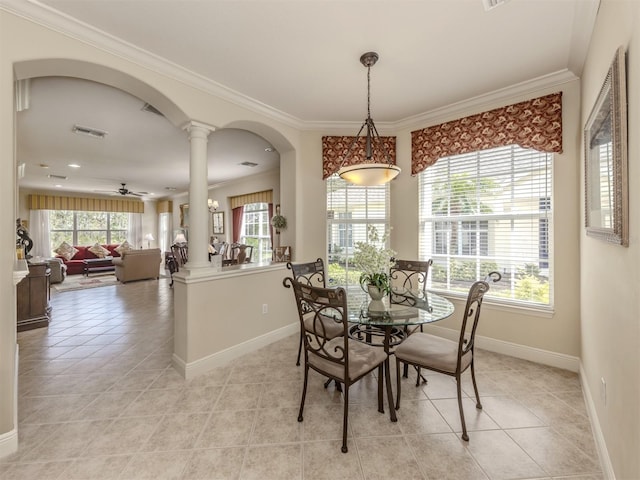 dining space featuring arched walkways, visible vents, decorative columns, and light tile patterned floors