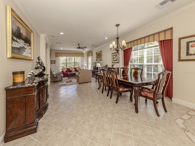 dining room featuring light tile patterned floors, recessed lighting, visible vents, baseboards, and ornamental molding