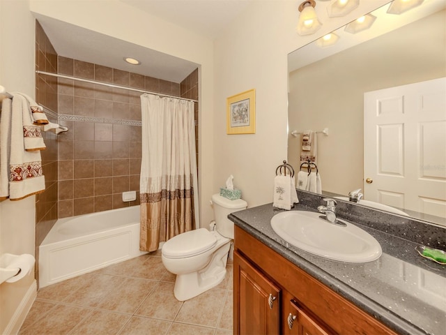 full bath with toilet, shower / tub combo, tile patterned flooring, and vanity