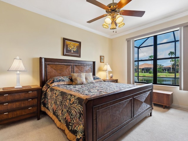 1425 Maseno Dr, Venice, FL 34292 - bedroom featuring light carpet, ornamental molding, baseboards, and a ceiling fan
