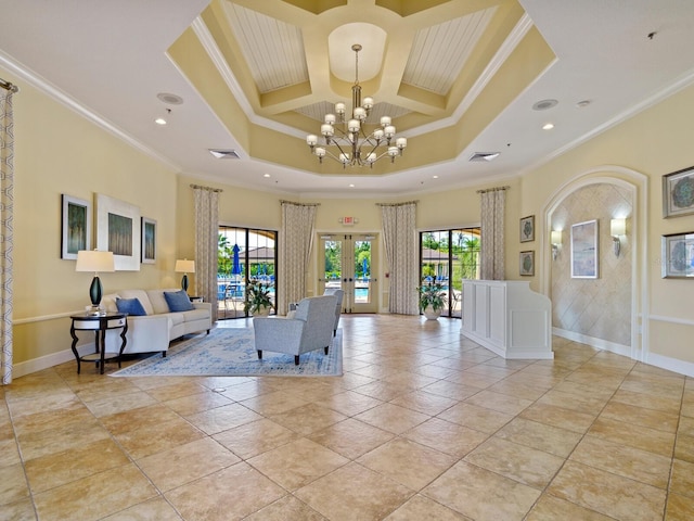 1425 Maseno Dr, Venice, FL 34292 - common area featuring coffered ceiling, crown molding, recessed lighting, and beam ceiling