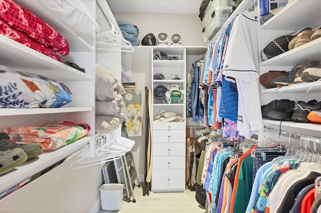 walk in closet with light wood-style flooring