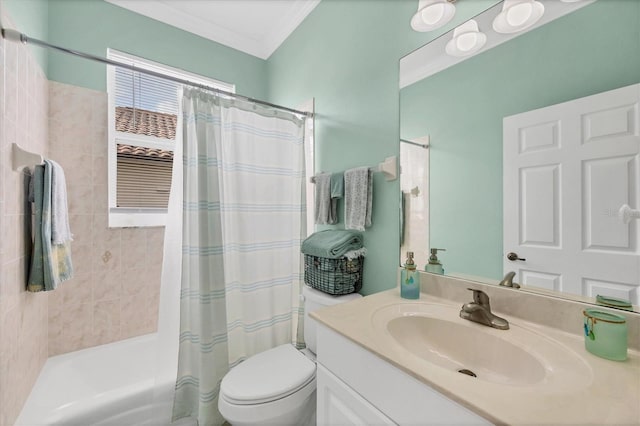 bathroom featuring ornamental molding, a shower with curtain, vanity, and toilet