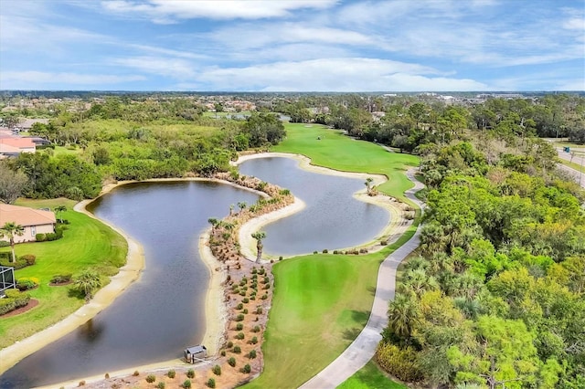 bird's eye view with a water view and golf course view