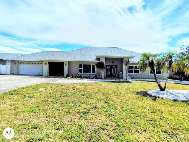 single story home featuring a front yard, driveway, an attached garage, and stucco siding