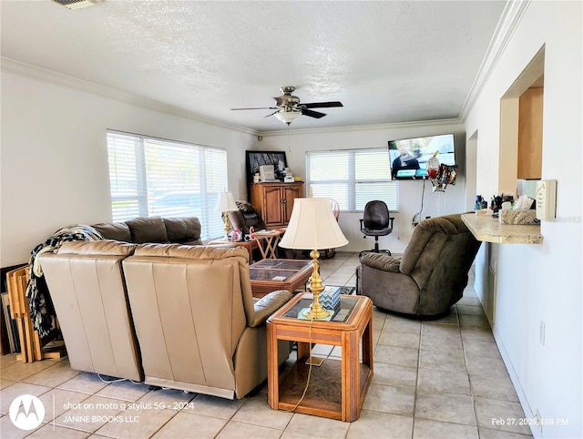 living area featuring a textured ceiling, ornamental molding, and a wealth of natural light