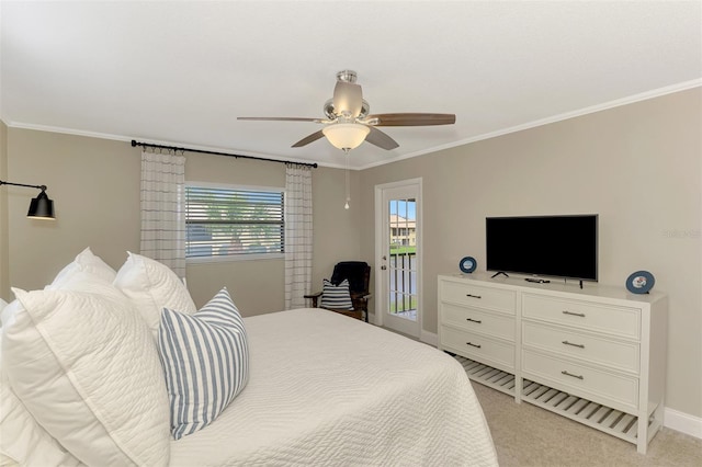 bedroom featuring light carpet, access to exterior, baseboards, and ornamental molding