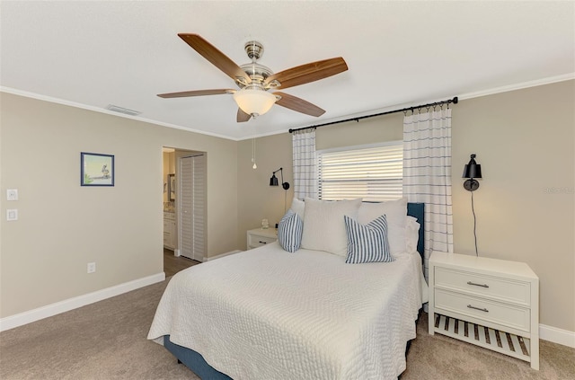 bedroom featuring ornamental molding, light carpet, visible vents, and baseboards