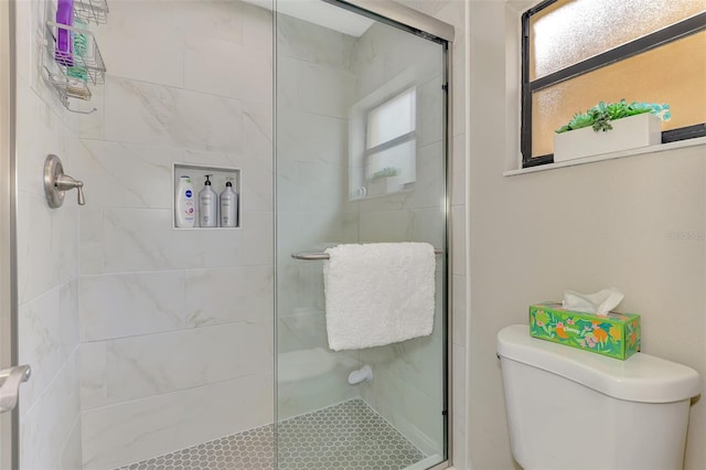 bathroom with a shower stall and toilet