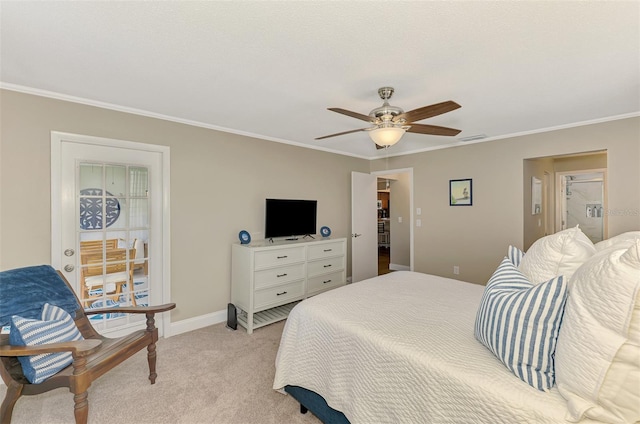 bedroom featuring ceiling fan, light carpet, visible vents, baseboards, and crown molding