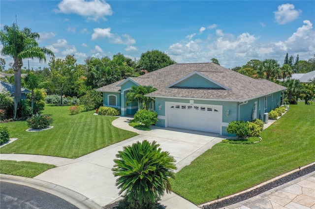 single story home featuring stucco siding, a shingled roof, concrete driveway, a garage, and a front lawn