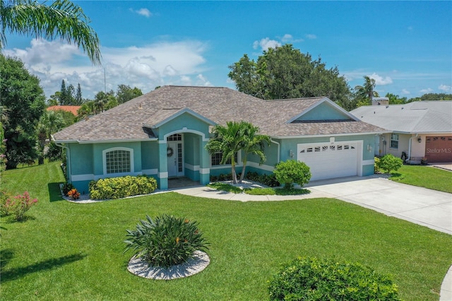 single story home with a front yard, driveway, an attached garage, and stucco siding