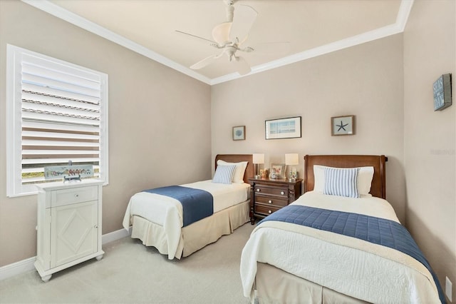 bedroom with light carpet, ceiling fan, ornamental molding, and baseboards