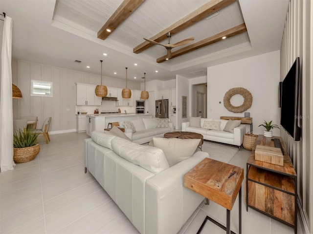 living room with light tile patterned floors, beam ceiling, and recessed lighting