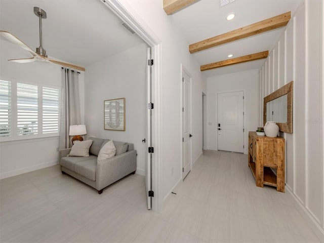 hall featuring visible vents, baseboards, beam ceiling, and recessed lighting