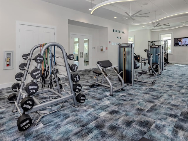 gym featuring carpet floors, recessed lighting, baseboards, and a ceiling fan