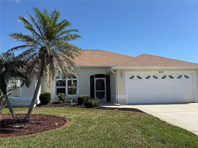 ranch-style home featuring a garage, concrete driveway, roof with shingles, and stucco siding